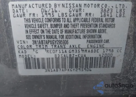 2016 Nissan Sentra S z USA, uszkodzony, nr VIN 3N1AB7APXGY295906
